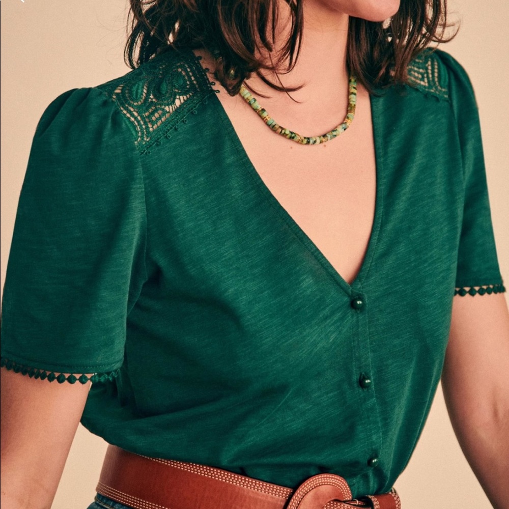 Sezane Emerald Green V-Neck Blouse with Lace Shoulders